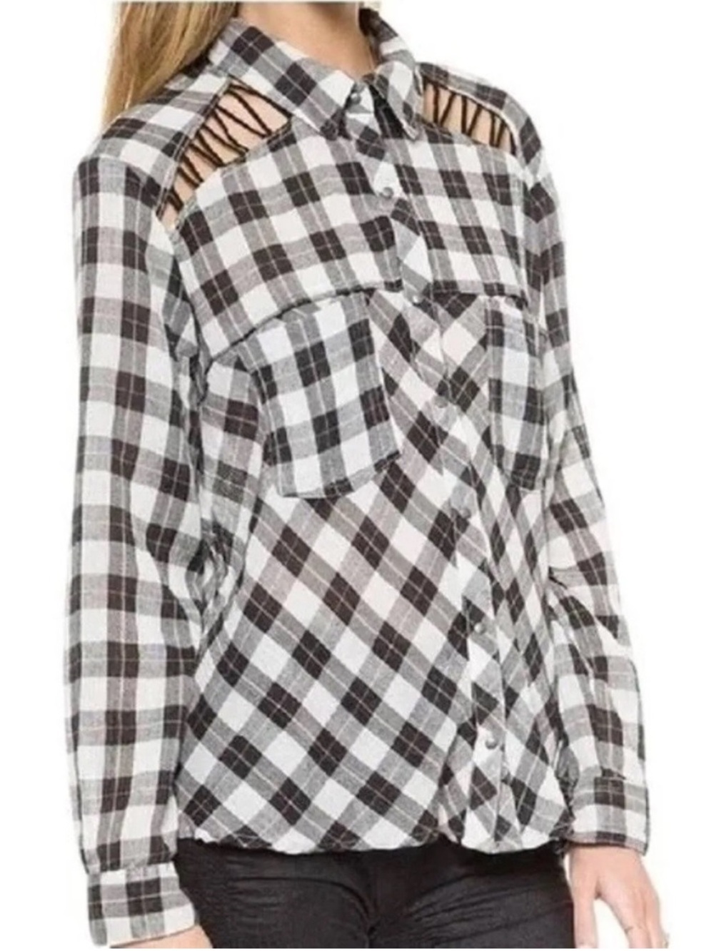 Free People Black & White Plaid Shirt Snap Front Open Neck Western Boho XS